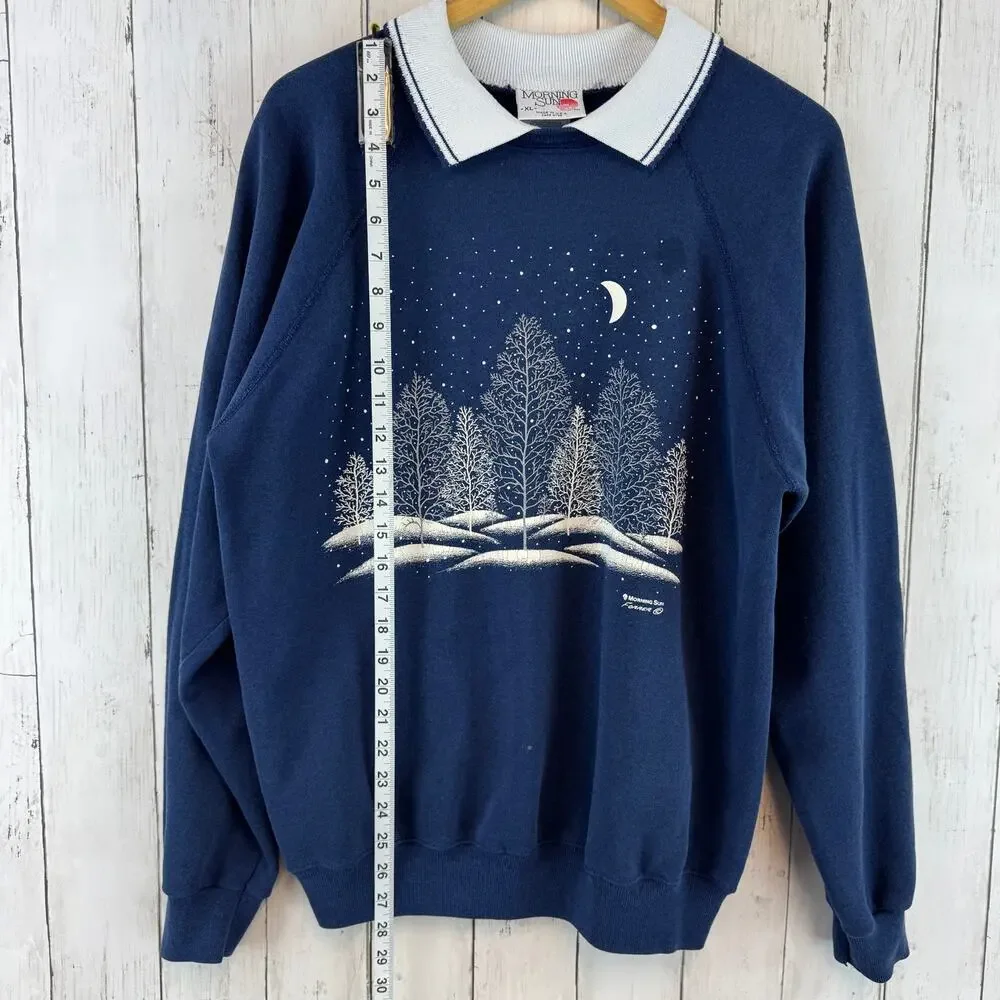 VTG Morning Sun Blue Collared Sweatshirt Grandma Winter Forest Forrer Size XL